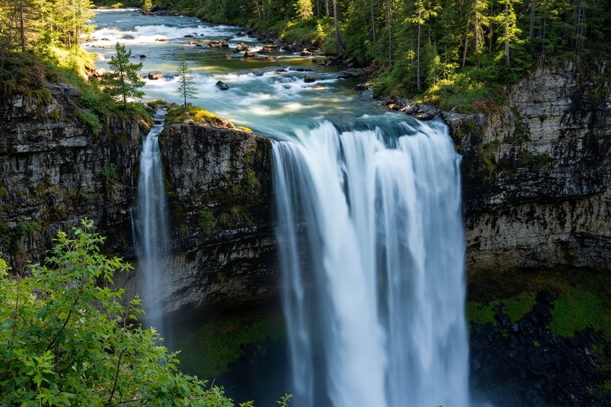 Ptarmigan Falls cascading down rocky cliff face with lush green surroundings in summer