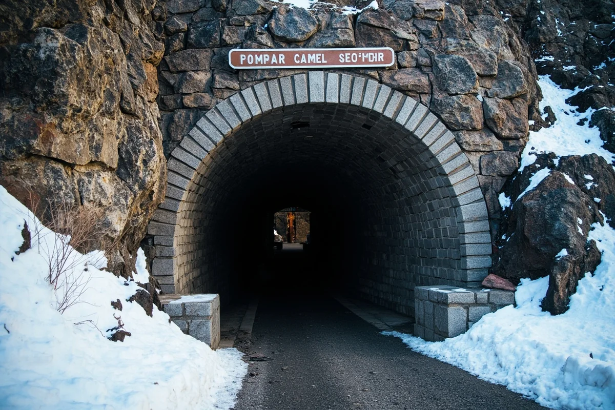 Ptarmigan Tunnel entrance with snow patches surrounding rocky approach