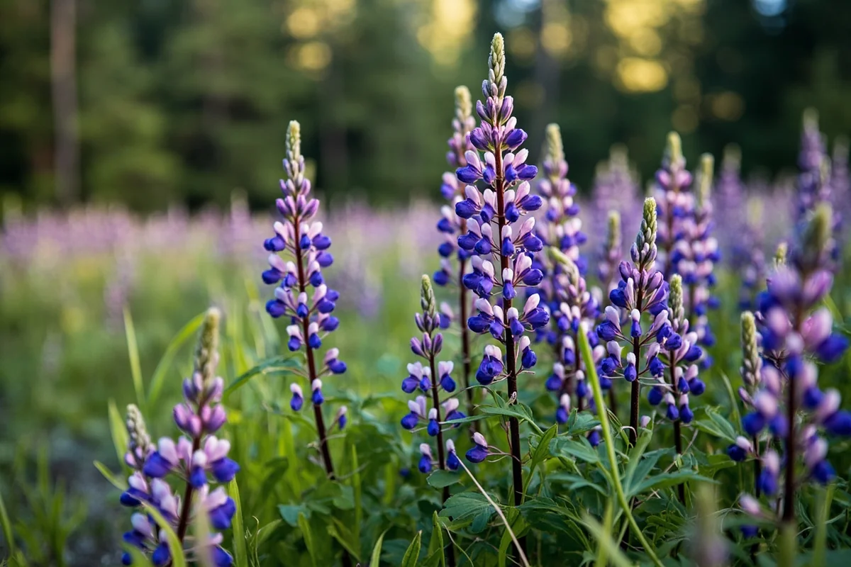Purple lupine wildflowers blooming along Ousel Falls Trail with forest backdrop