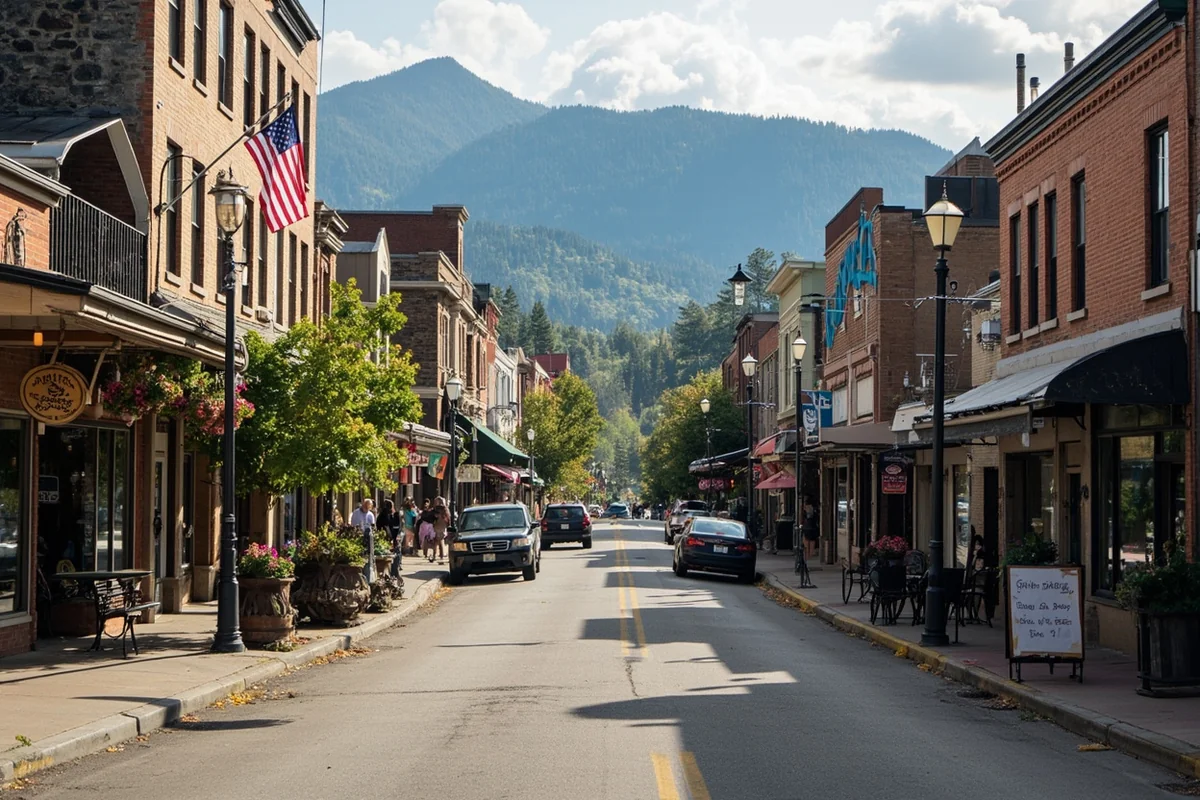 Quaint downtown shopping street in Montana with vintage storefronts and mountain views in background
