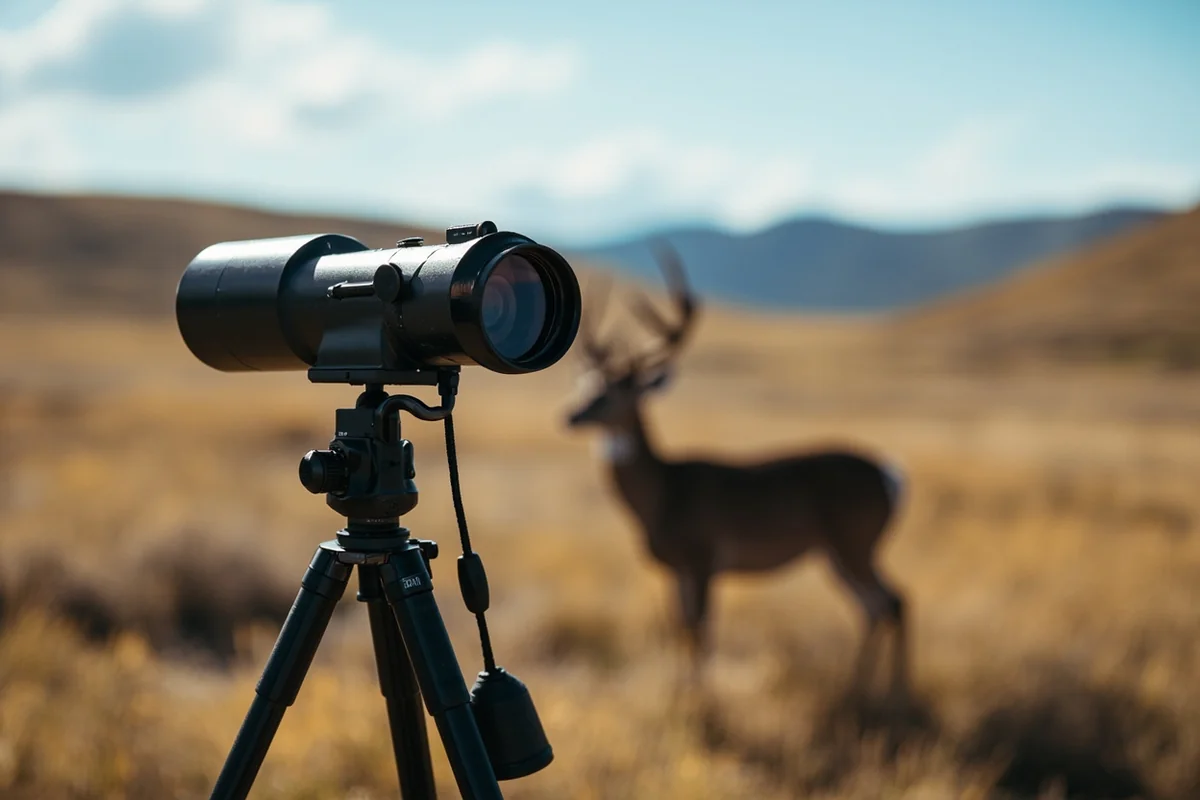 Quality binoculars and spotting scope set up on a tripod overlooking Montana mule deer country
