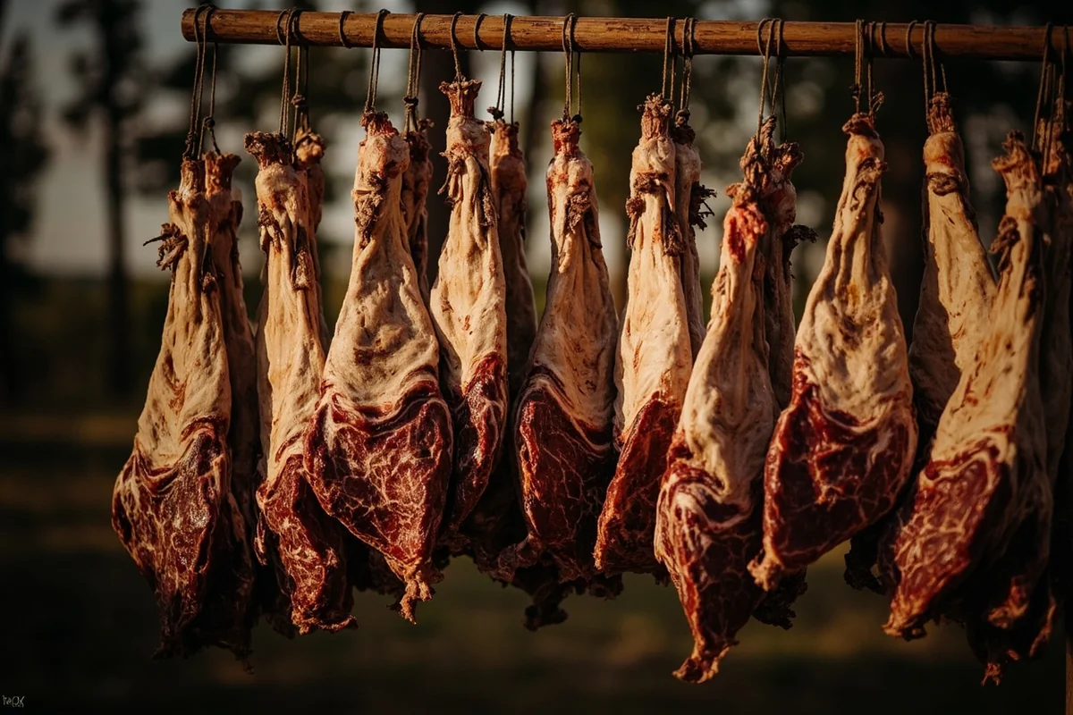 Quartered deer meat hanging in game bags from Montana hunting camp meat pole