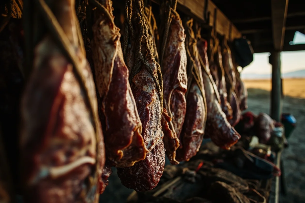 Quartered elk meat in game bags hanging in hunting camp