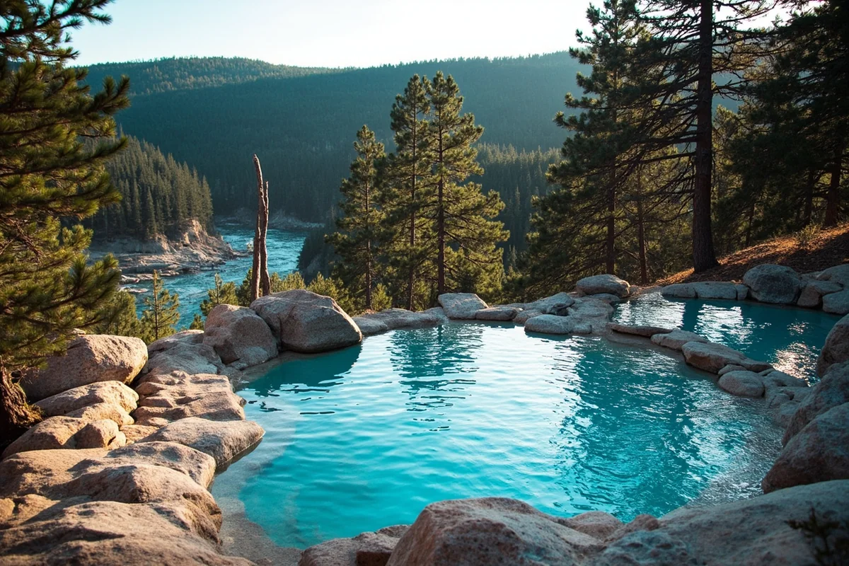 Quinn's Hot Springs Resort pools with Clark Fork River and forest backdrop