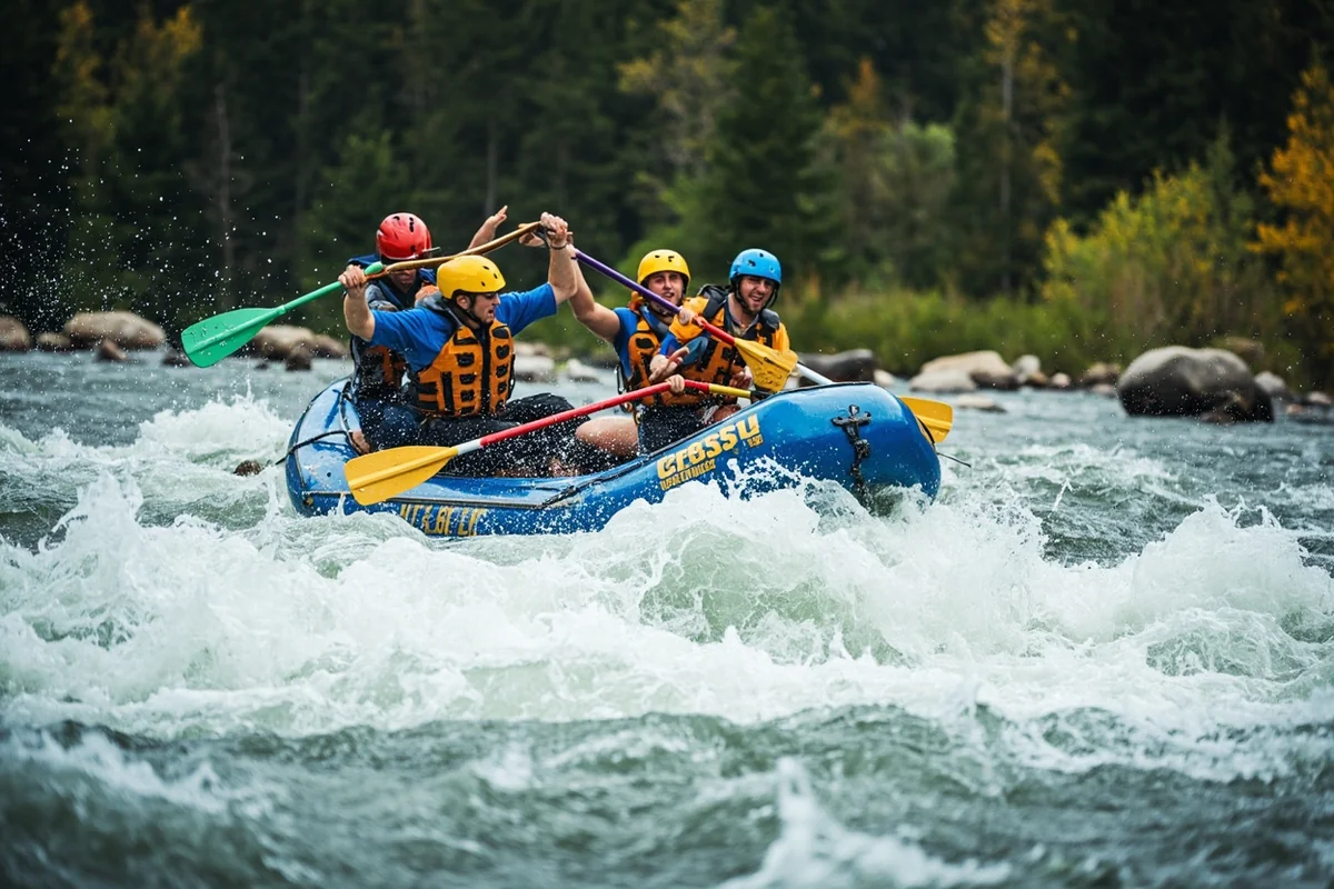 Rafters navigating whitewater rapids on the Clark Fork River