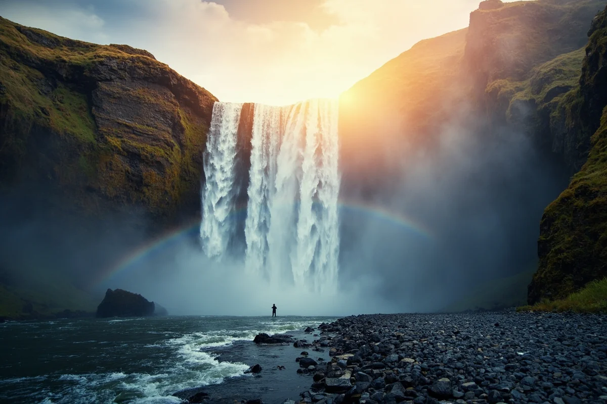 Rainbow Falls cascading over dark rocks with mist creating a prismatic effect in afternoon sunlight