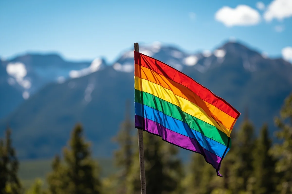Rainbow flag subtle display against mountain backdrop at Big Sky resort area