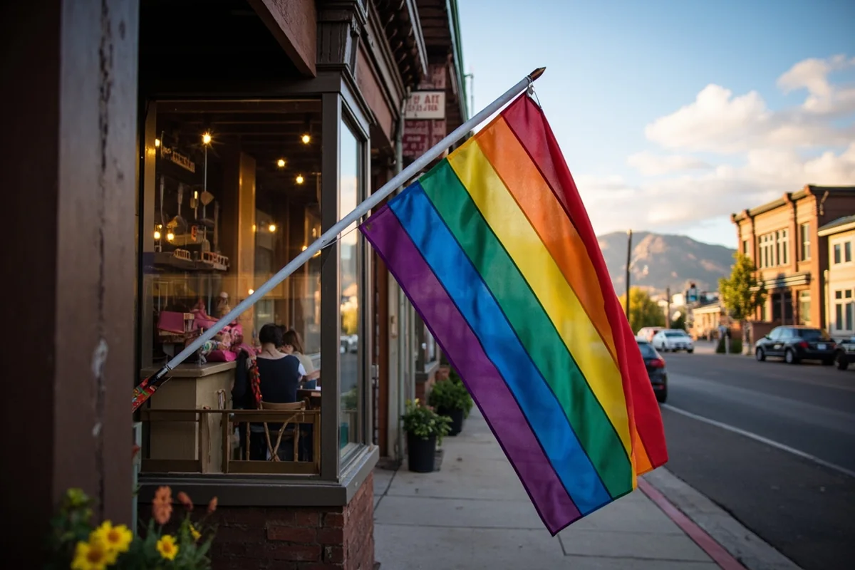 Rainbow Pride flag displayed outside a Missoula storefront with mountain backdrop