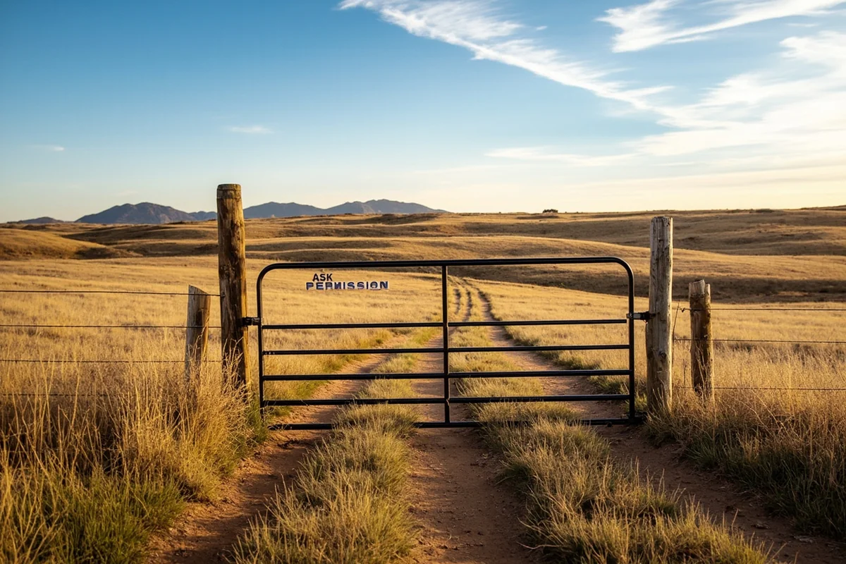 Ranch gate with "Ask Permission" sign in Montana grassland