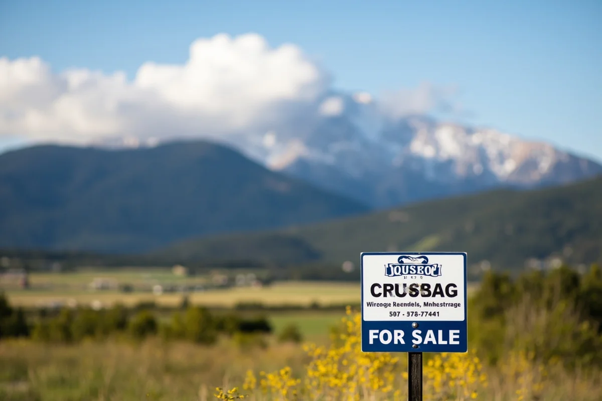 Real estate "For Sale" sign with Montana mountain scenery in background