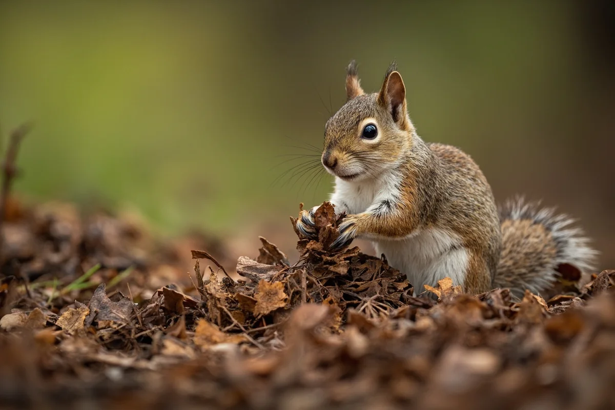 Red squirrel creating a midden pile of pine cone scales in Montana forest