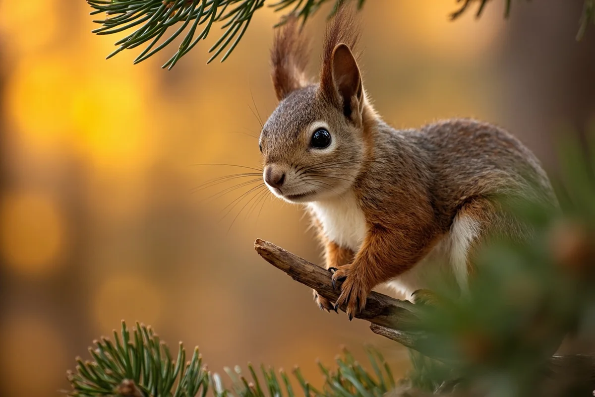 Red squirrel perched on a pine branch in Montana's Lolo National Forest during autumn