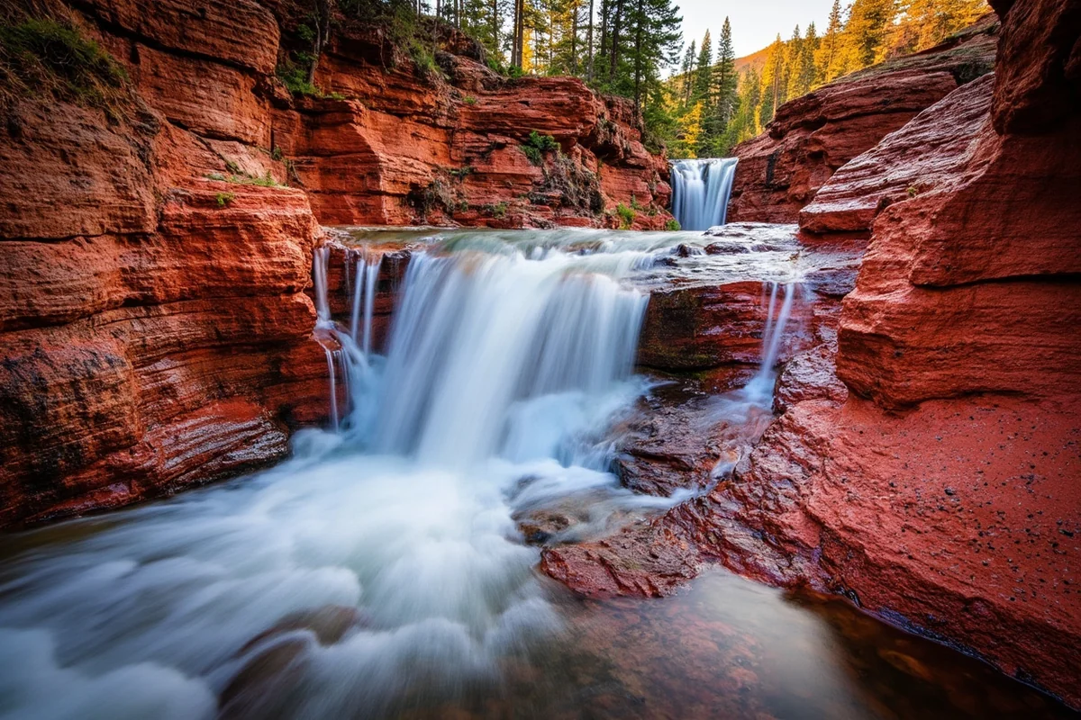 Redrock Falls cascading over distinctive red argillite rocks with evergreen trees in background