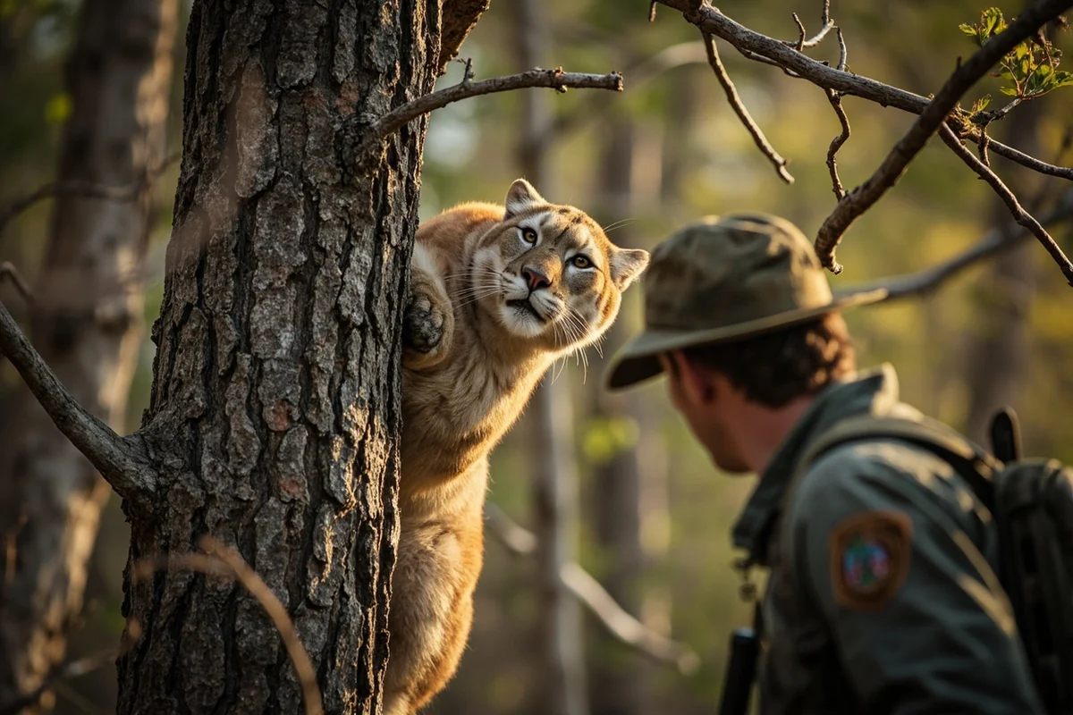 Released mountain lion descending tree after hunter passes on shot