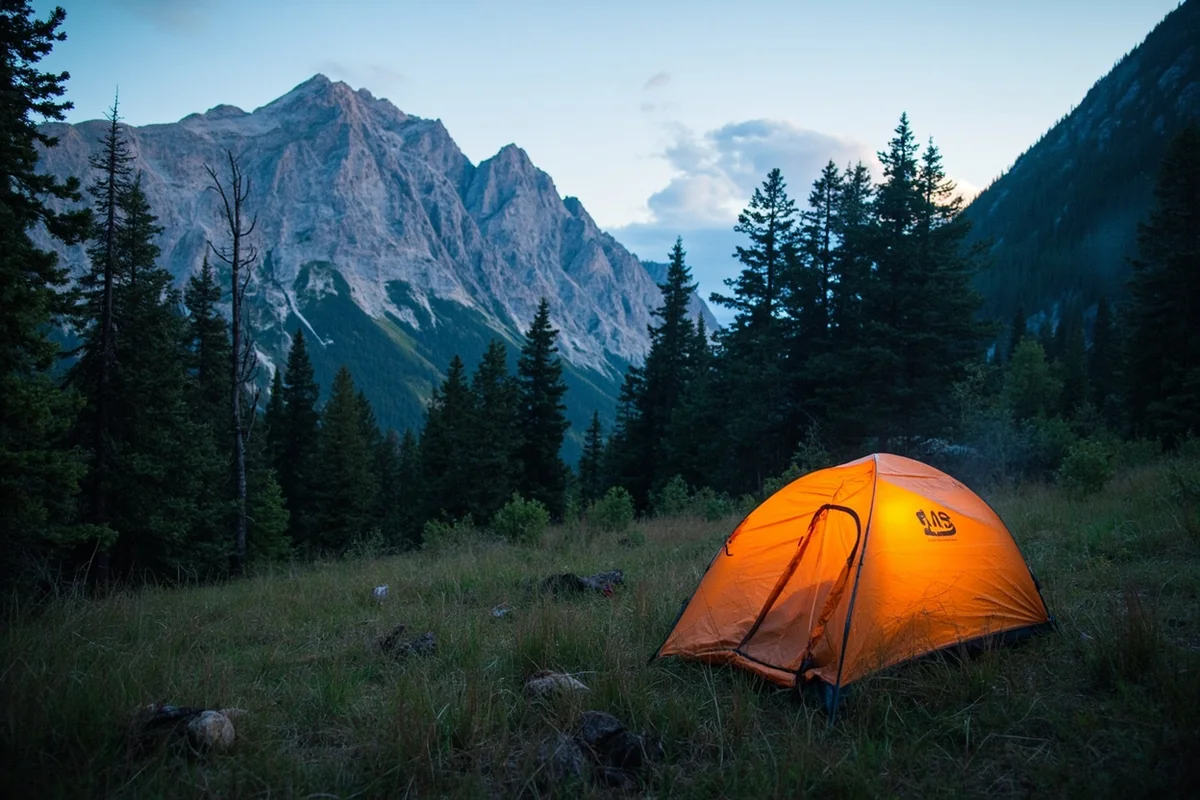 Remote backcountry campsite in Montana wilderness with tent and mountain views