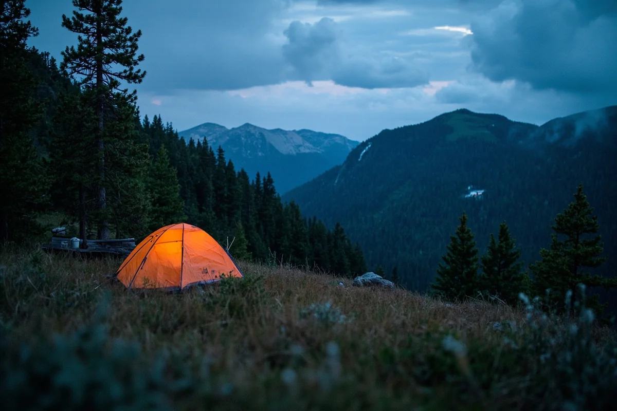 Remote backcountry campsite with no cell towers visible in Montana wilderness