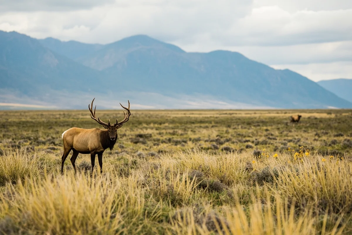 Remote Centennial Valley landscape with elk grazing in distant meadow