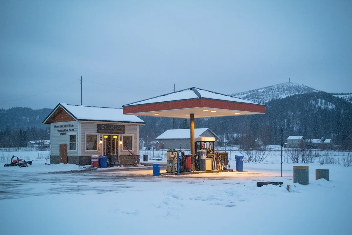 Remote Montana gas station in winter with snow-covered surroundings