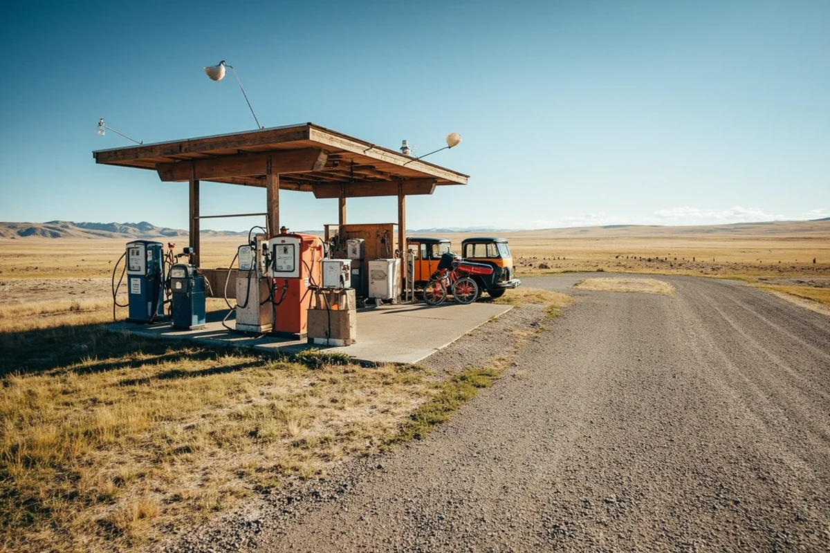 Remote Montana gas station with vintage pumps and expansive landscape