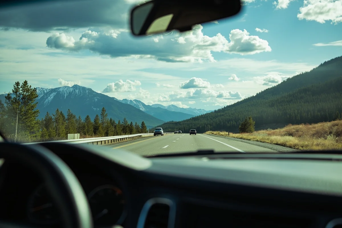 Rental car driving on scenic Montana highway with mountain views
