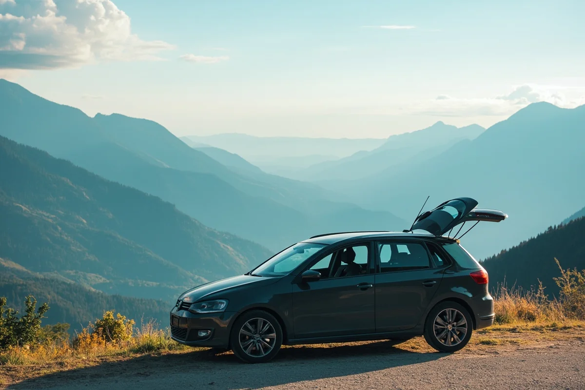 Rental car parked at scenic mountain overlook with sweeping valley views