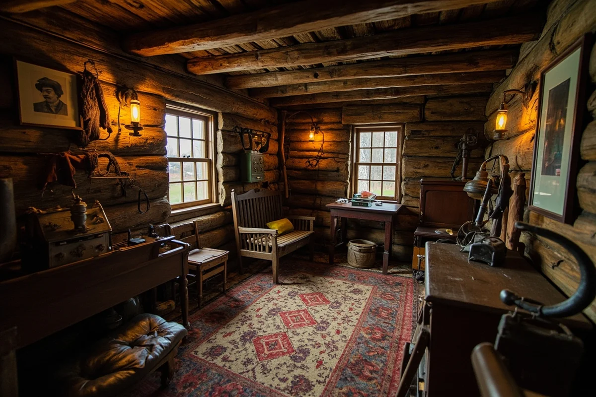 Replica miner's cabin interior showing period furnishings and equipment