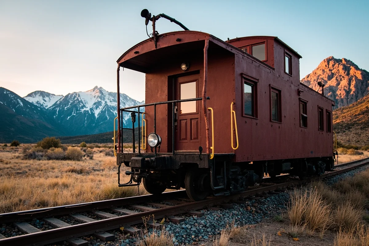 Restored vintage railroad caboose converted to overnight accommodation with mountains in background