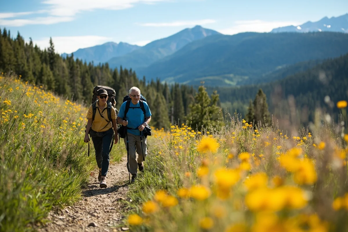 Retired couple hiking on Montana trail with wildflowers and mountain scenery