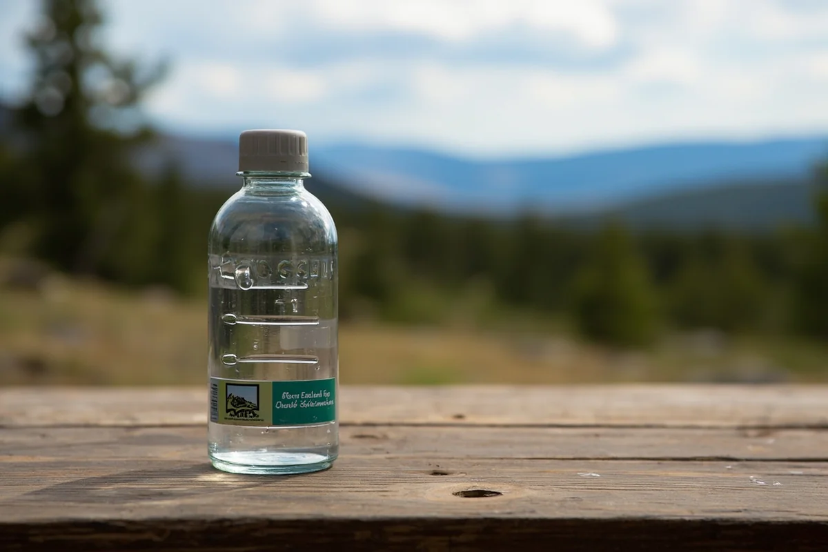 Reusable water bottle with Montana wilderness sticker sitting on picnic table at scenic overlook