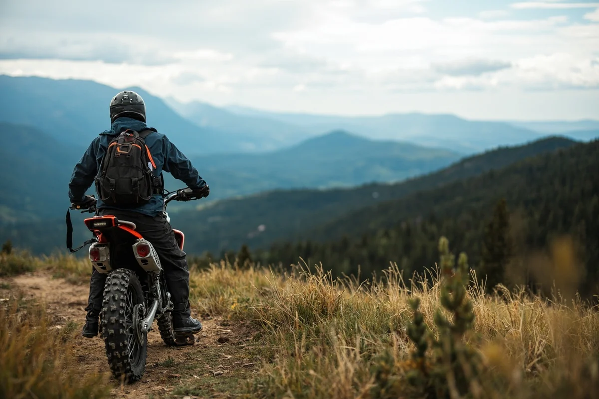 Rider overlooking panoramic mountain vista from dirt bike on Montana ridgeline trail