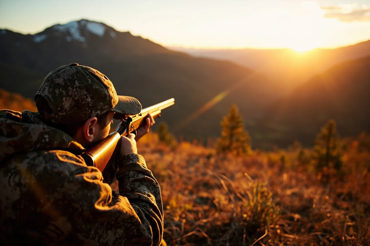 Rifle hunter in camouflage glassing a mountain valley during golden hour in late October