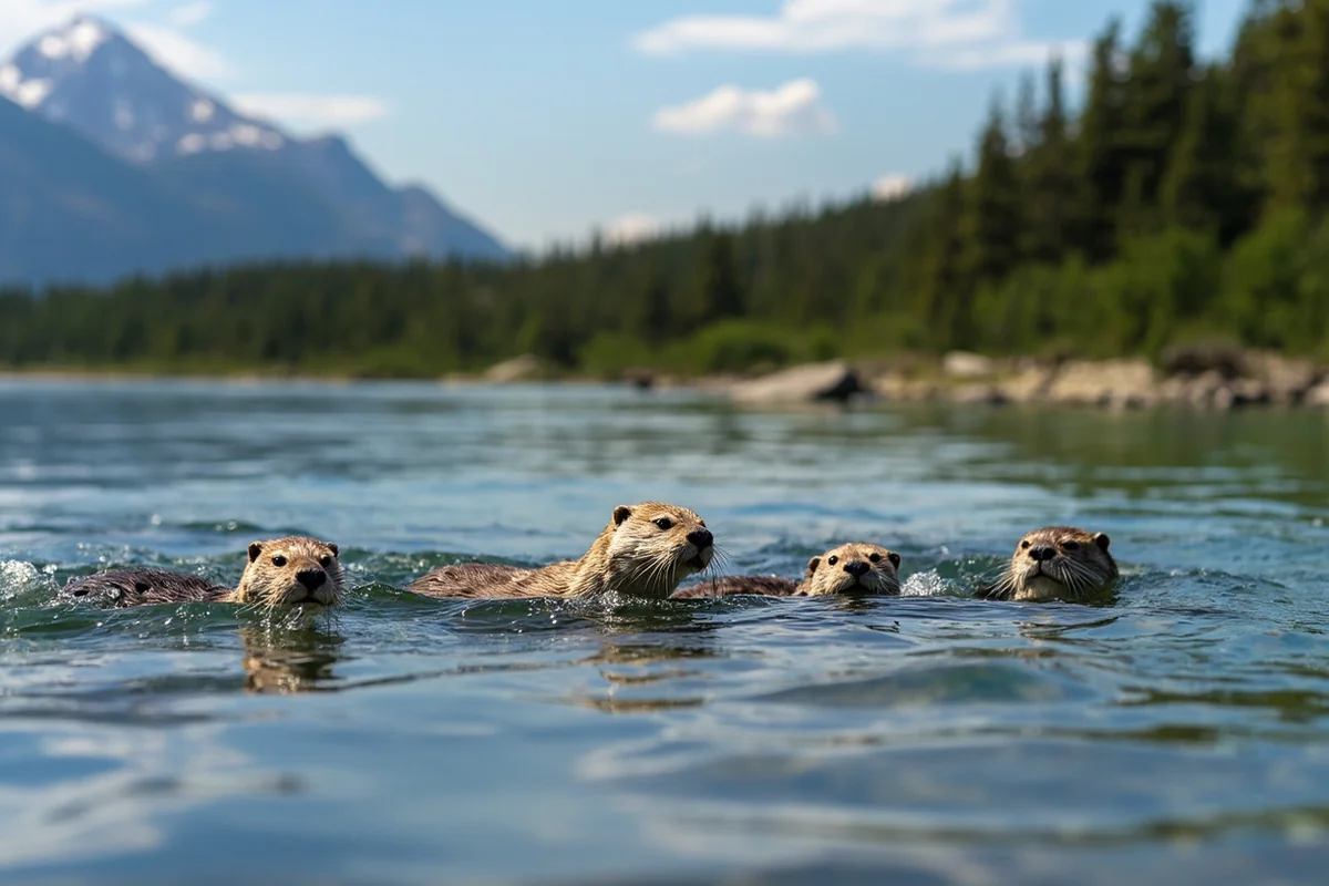 River otter family swimming in clear Montana river with mountain backdrop