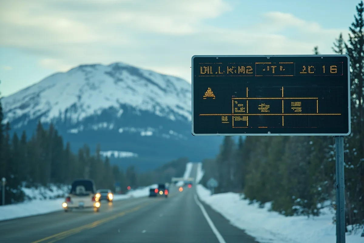 Road condition sign displaying winter driving conditions on a Montana highway