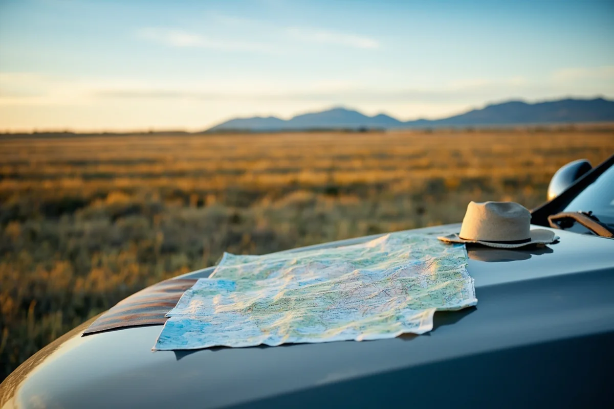 Road trip setup with map spread on car hood with Montana's vast landscape in background