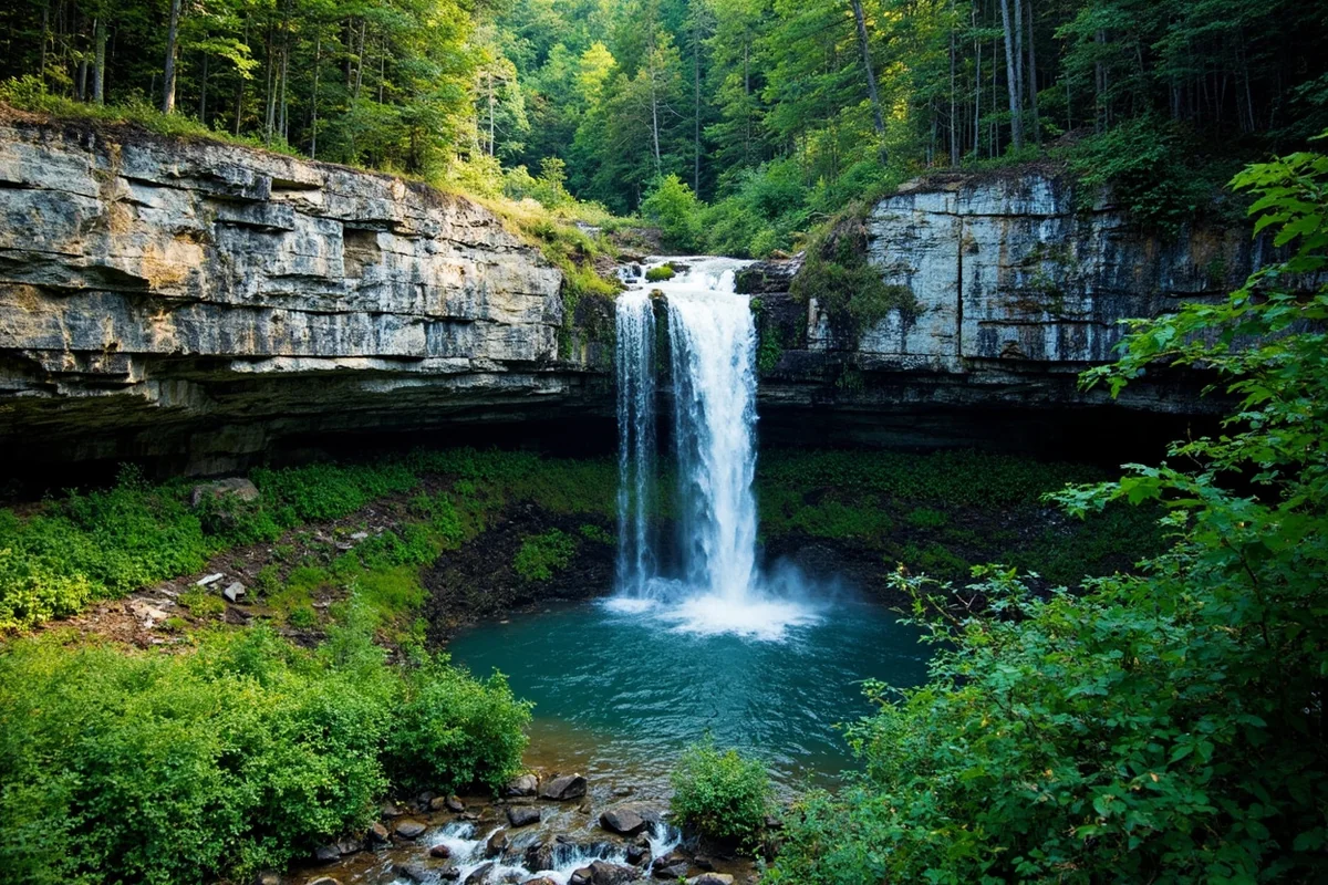 Rock Creek Falls cascading down granite cliffs with lush green vegetation surrounding the pool below