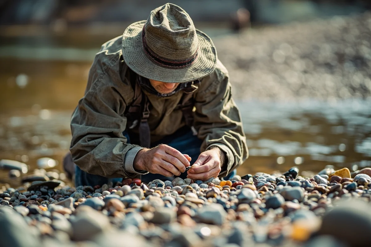 Rockhound examining gravel at a riverbank location, searching for agates
