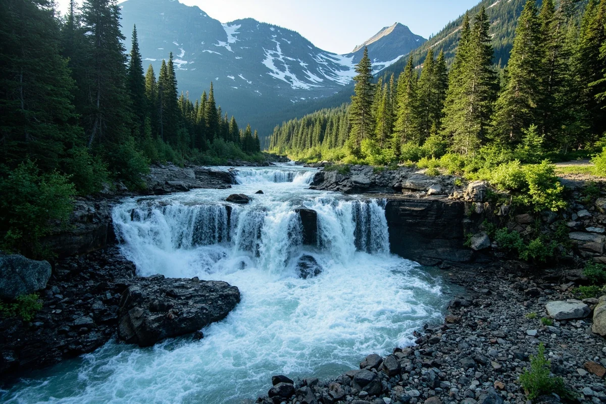 Rockwell Falls during peak water flow in early summer with snow patches visible on surrounding peaks