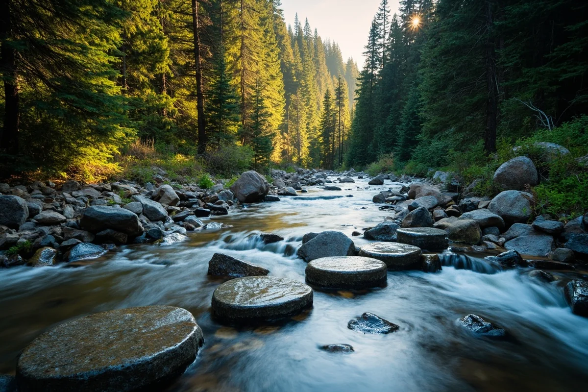 Rocky creek crossing with stepping stones and evergreen forest on both banks