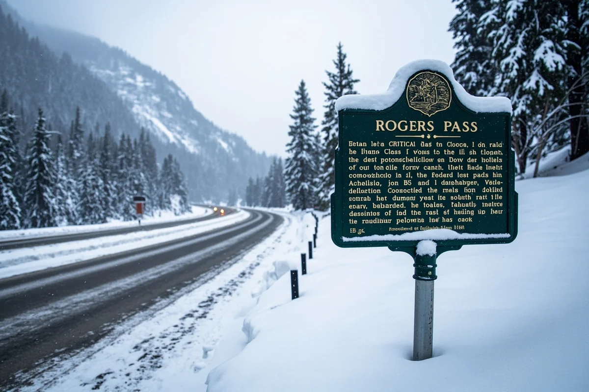 Rogers Pass historical marker and snow-covered highway in winter