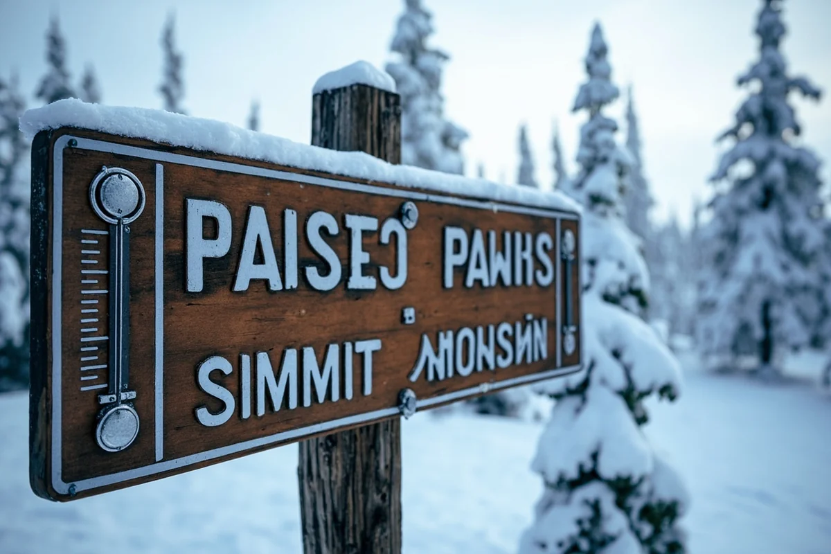 Rogers Pass summit sign in winter with snow and thermometer visible