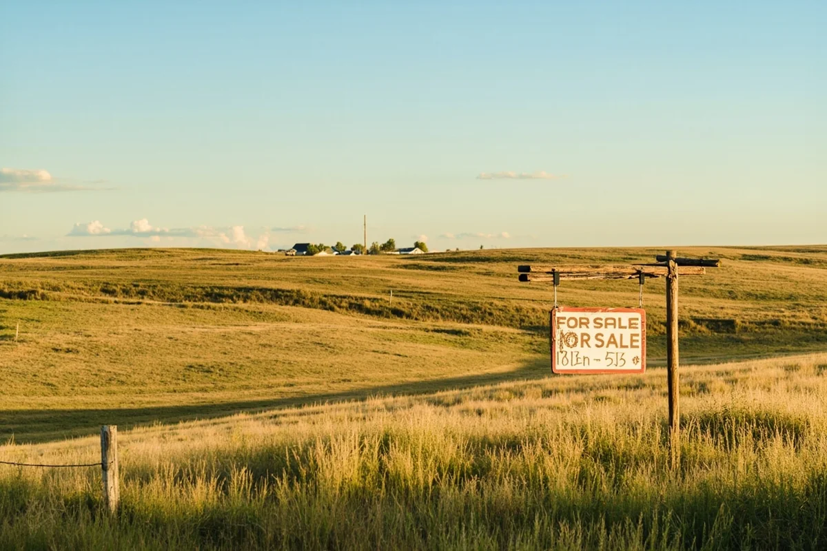 Rolling grassland in central Montana with for-sale sign and distant farmhouse