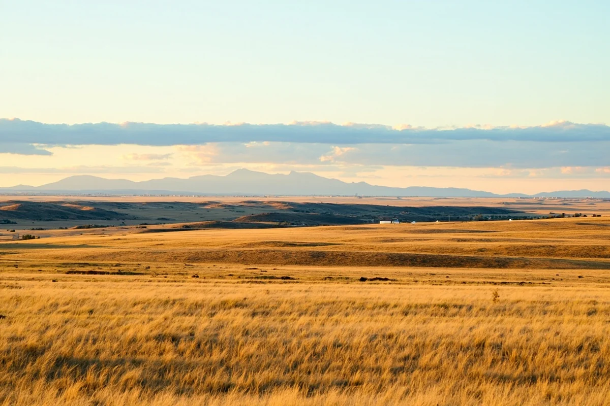 Rolling high plains of eastern Montana with distant mountain silhouettes near Lewistown