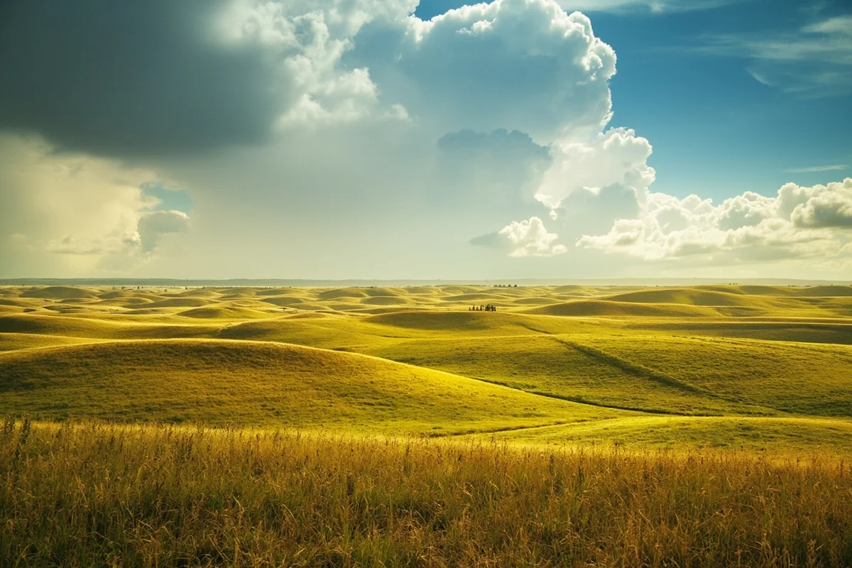 Rolling prairie landscape near Malta with distant thunderstorm