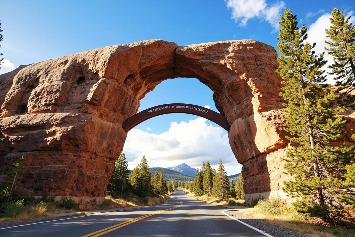 Roosevelt Arch at Gardiner, Montana, with "For the Benefit and Enjoyment of the People" inscription visible