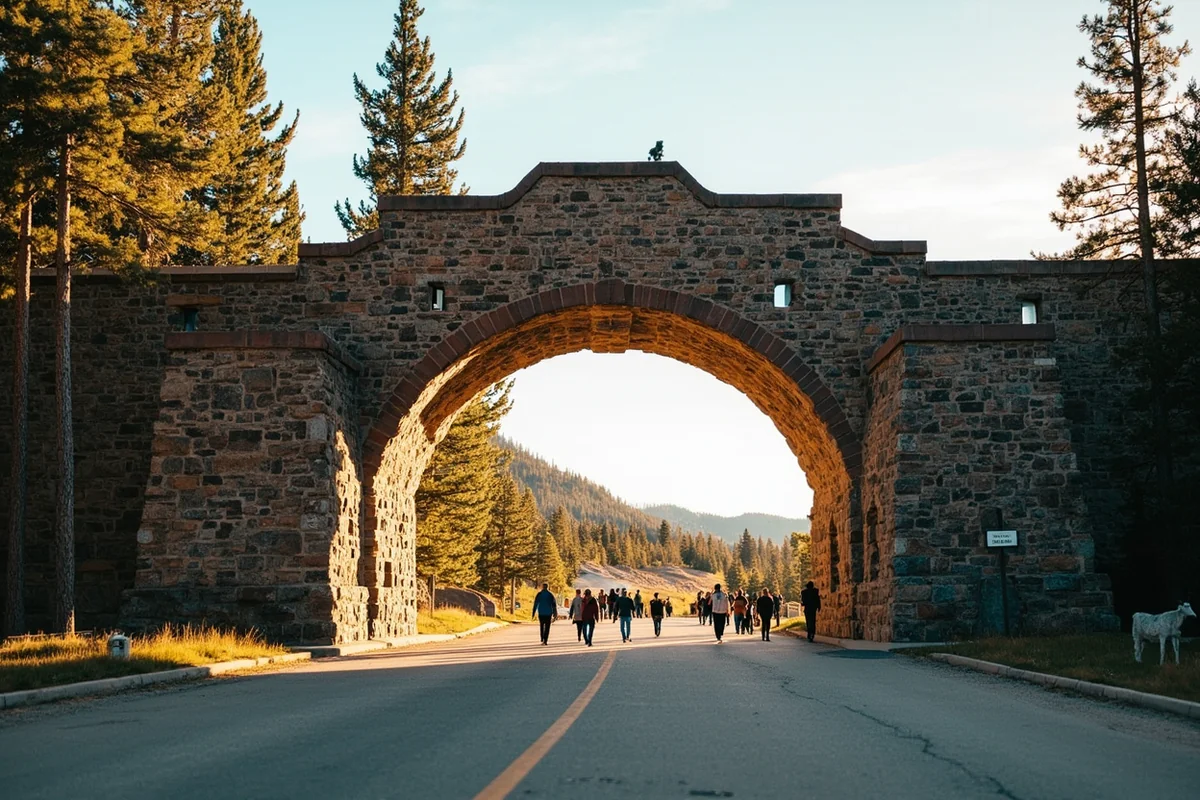 Roosevelt Arch at Yellowstone's north entrance with visitors