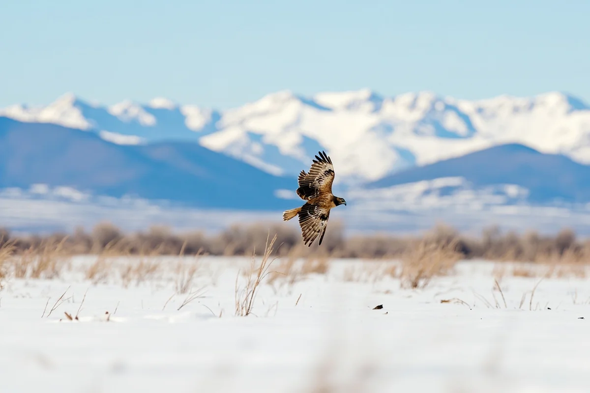Rough-legged hawk hovering over a snowy field while hunting, with the Rocky Mountains visible in the distance