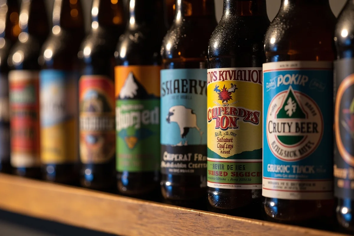 Row of Montana craft beer bottles or cans showcasing local brewery labels