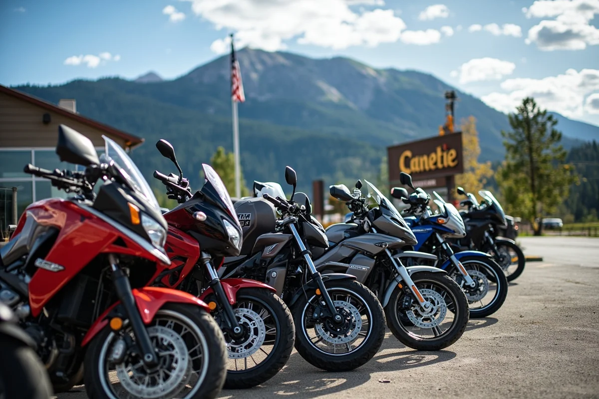 Row of rental motorcycles parked outside a dealership with Montana mountain vista in background