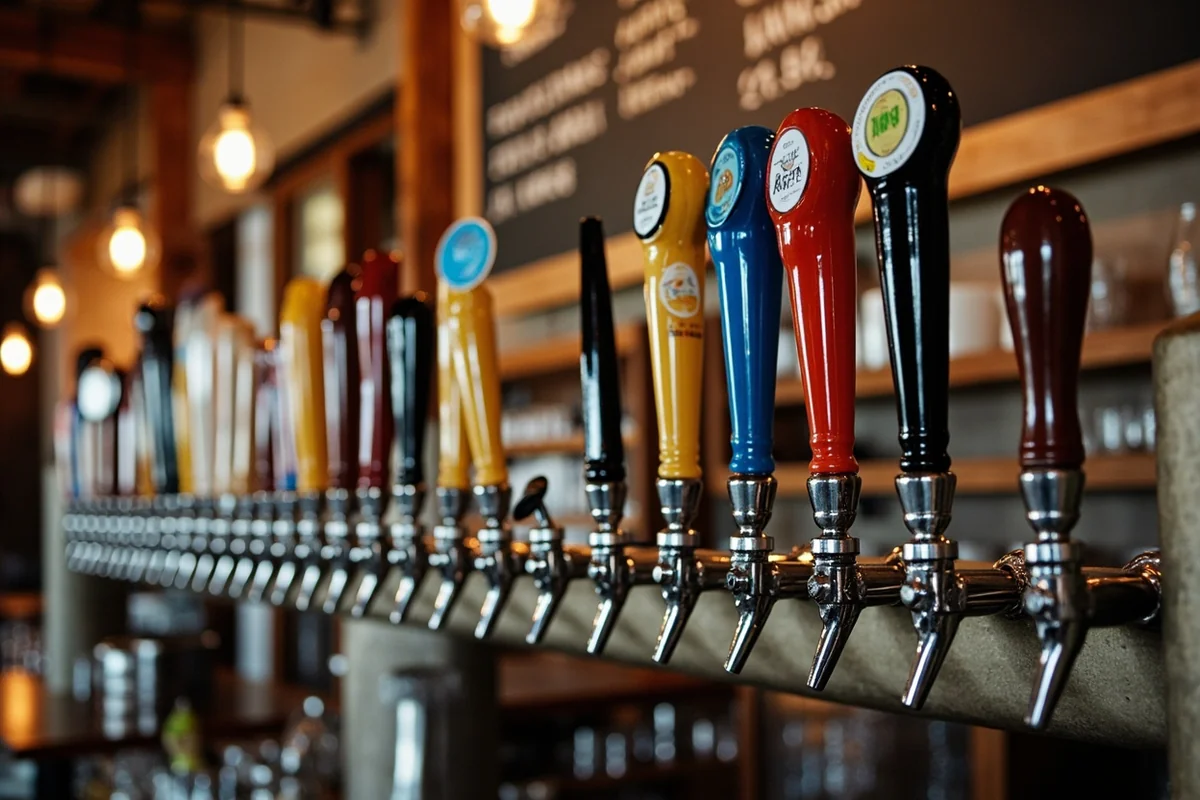 Rows of colorful craft beer taps at a Montana brewery with chalkboard menu listing local brews