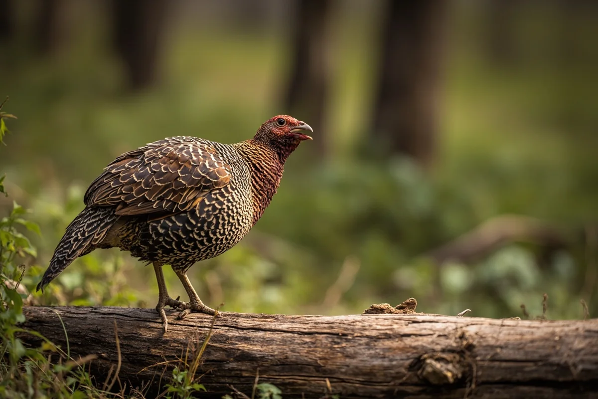 Ruffed grouse perched on fallen log in western Montana forest setting